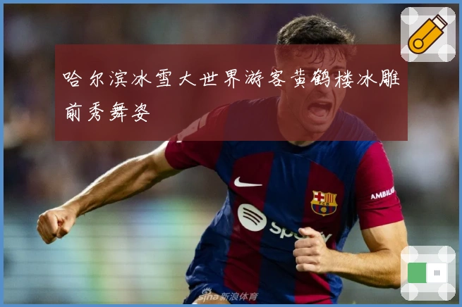 哈尔滨冰雪大世界游客黄鹤楼冰雕前秀舞姿